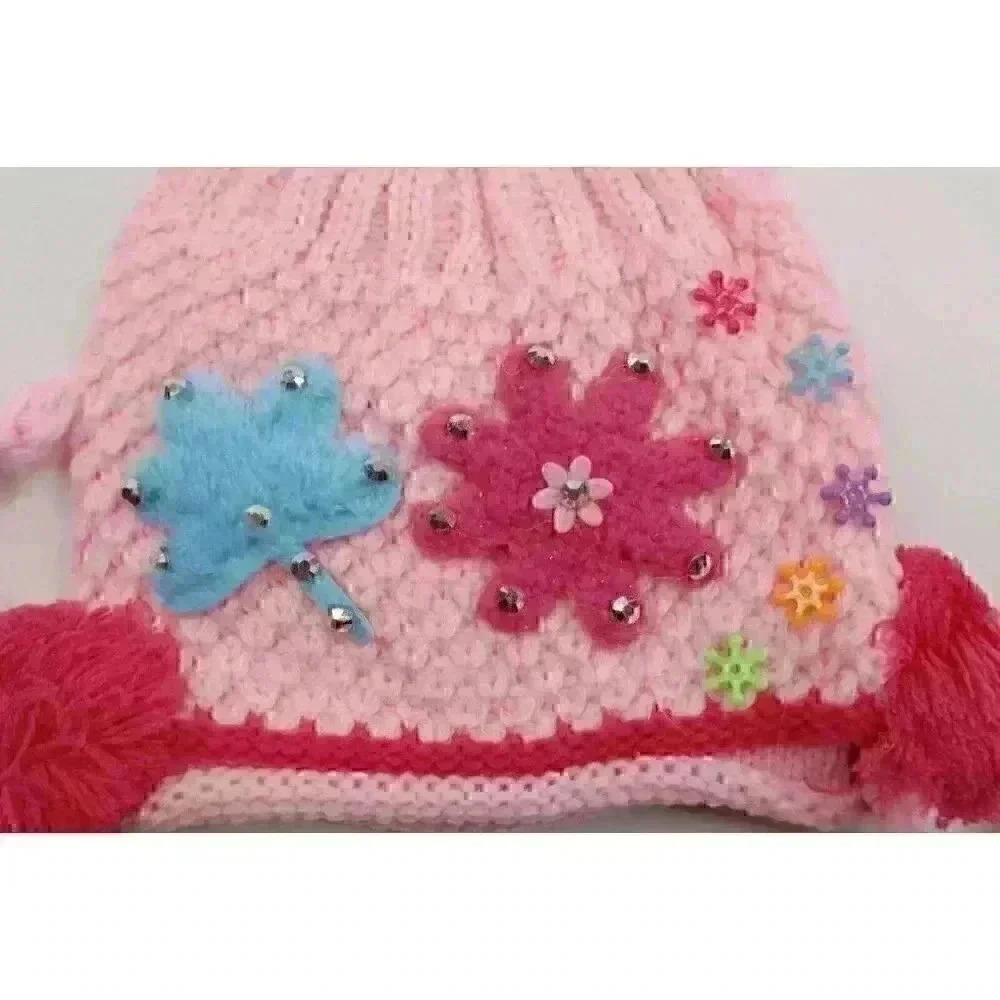 HAND knitted girl hat with knitted applique with beads for 4-6 year old. NEW. - Picture 8 of 8